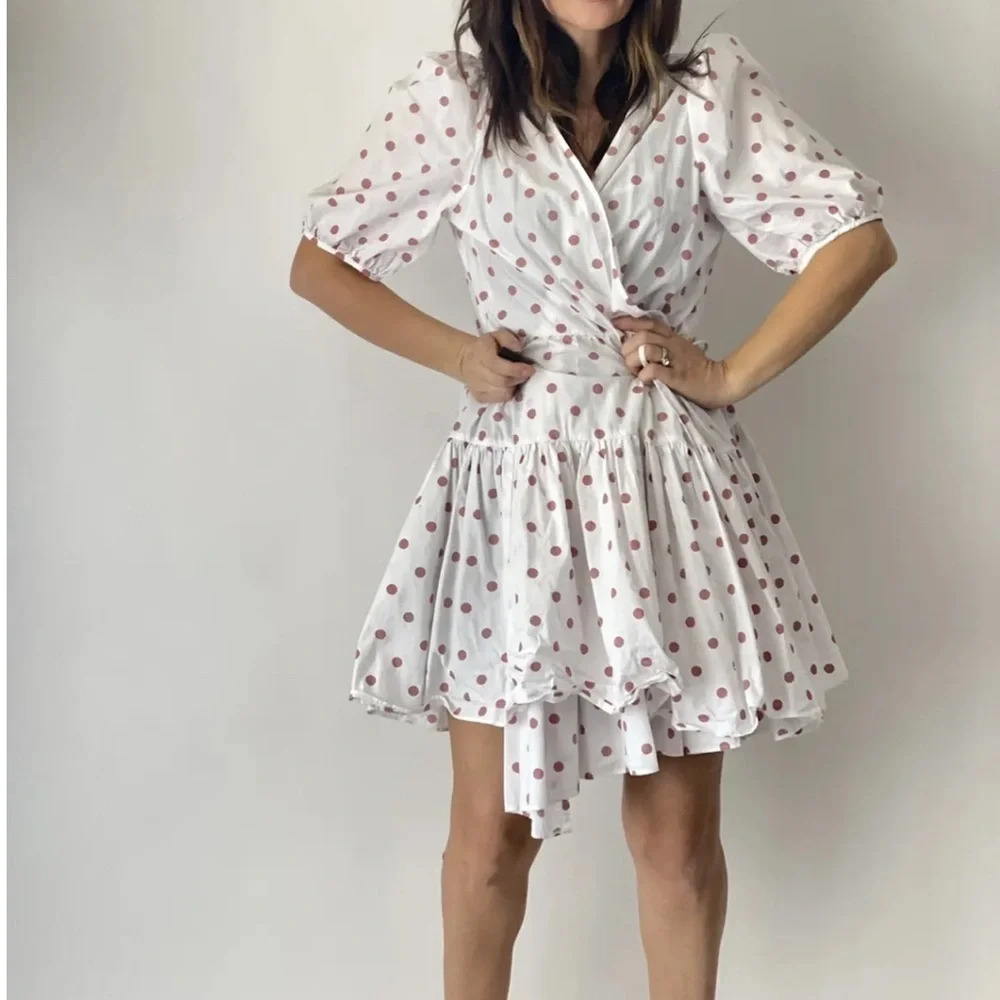 J. CREW Poplin White Puff-Sleeve Polka Dot Wrap Dress Small. Like new!